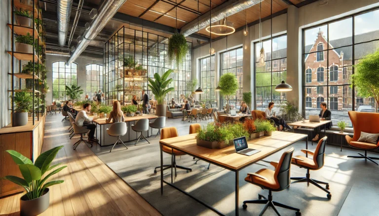 Modern coworking space in the Netherlands with natural lighting, ergonomic furniture, indoor plants, and professionals collaborating