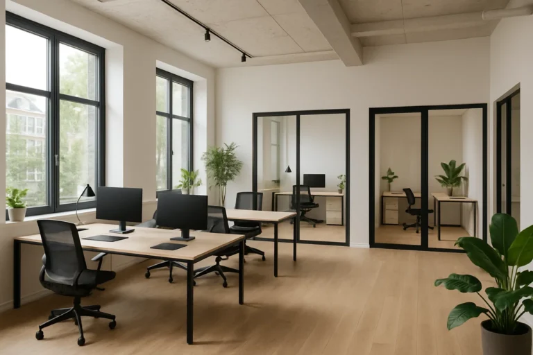 Fotorealistisch interieur van een coworkingruimte in Utrecht met bureaus, studio’s en veel daglicht.