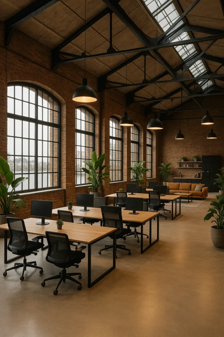 Fotorealistisch coworking-interieur in een gerenoveerde fabriek aan het water, met open werkplekken en veel groen.
