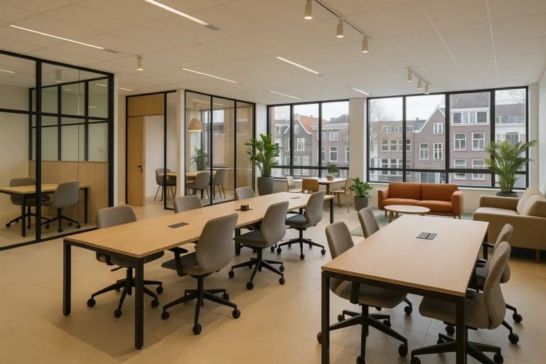 Moderne coworkingruimte in Nederland met gedeelde bureaus, vergaderruimtes en ontspanningszones.