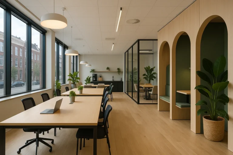 Moderne coworkingruimte in Nederland met gedeelde werkplekken, vergaderruimtes en duurzaam interieur.