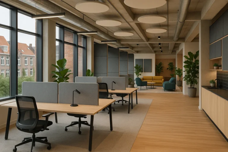 Moderne coworkingruimte met natuurlijk licht, ergonomische bureaus, planten en gedeelde voorzieningen zoals keuken en vergaderruimtes.