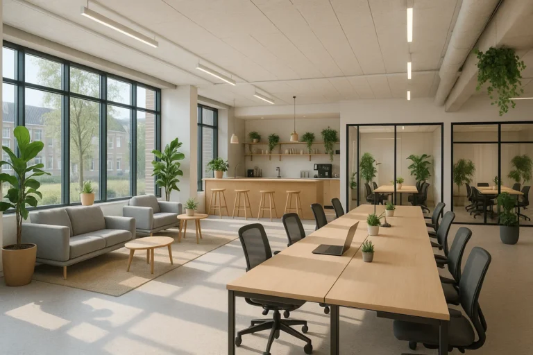 Moderne coworkingruimte in Nederland met gedeelde faciliteiten zoals loungehoeken en een koffiebaar.