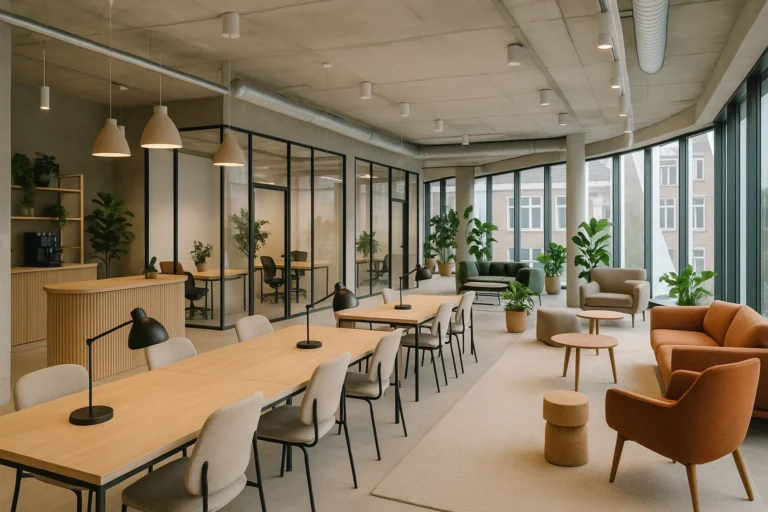 Moderne coworkingruimte in Nederland met gedeelde werkplekken, glazen kantoren en duurzame inrichting.