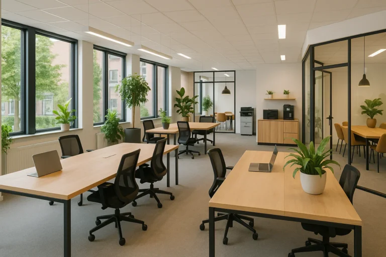 Duurzame coworkingruimte in Nederland met gedeelde bureaus, vergaderruimtes en groene accenten, speciaal gericht op freelancers en kleine bedrijven.