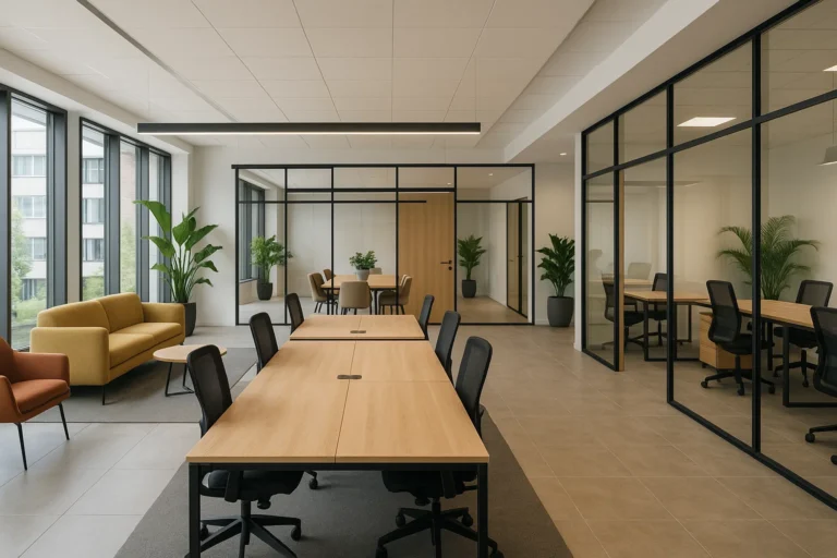 Moderne coworkingruimte in Nederland met flexibele bureaus, vergaderruimtes en groene accenten, geschikt voor zowel freelancers als bedrijven.