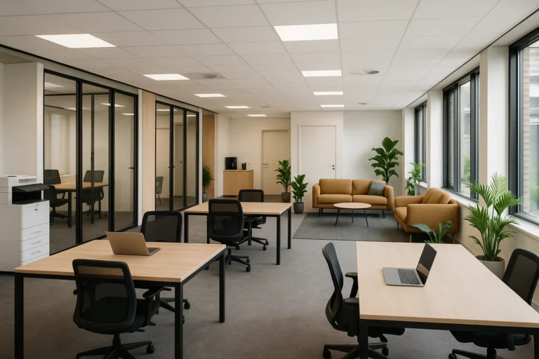 Veelvoorkomende huurovereenkomsten en juridische vereisten in coworking 9 | buero-gewerberaeume.de Moderne coworkingruimte in Nederland met open bureaus, privékantoren en loungehoeken, ingericht met veel daglicht en groene accenten.