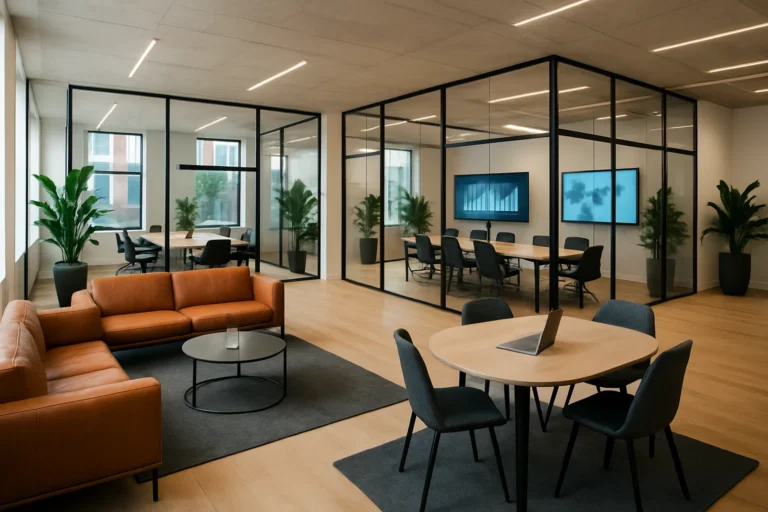 Coworking als toegangspoort tot investeerders en durfkapitaal 10 | buero-gewerberaeume.de Moderne coworkingruimte in Nederland met vergaderruimtes en open werkplekken, ingericht als innovatief ecosysteem voor startups en investeerders.