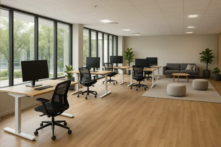Hoe ergonomische oplossingen implementeren voor langdurig comfort 7 | buero-gewerberaeume.de Fotorealistische coworkingruimte met ergonomische bureaus, verstelbare stoelen en natuurlijke verlichting die welzijn en comfort bevorderen.