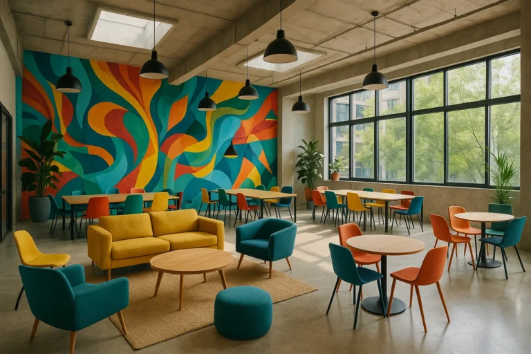 Inspirerende creatieve ruimtes ontwerpen voor vernieuwers en kunstenaars 8 | buero-gewerberaeume.de Fotorealistische coworkingruimte met kleurrijke meubels, open ontwerp en veel licht — een inspirerende plek voor kunstenaars en vernieuwers.