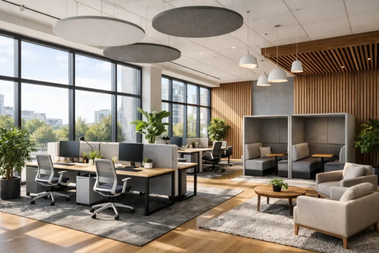 De rol van daglicht en open ruimtes in productiviteit 4 | buero-gewerberaeume.de Lichte kantoorruimte met veel daglicht, open werkplekken en rustige focuszones.