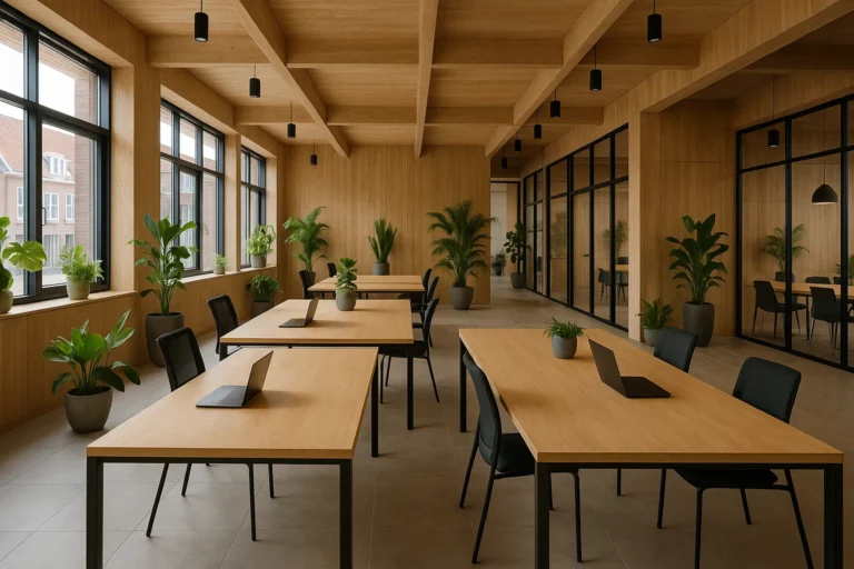 Case Studies: Nederlandse Startups die Bloeien in Coworking-Omgevingen 6 | buero-gewerberaeume.de Moderne Nederlandse coworkingruimte met gedeelde bureaus, planten en lichte open inrichting.