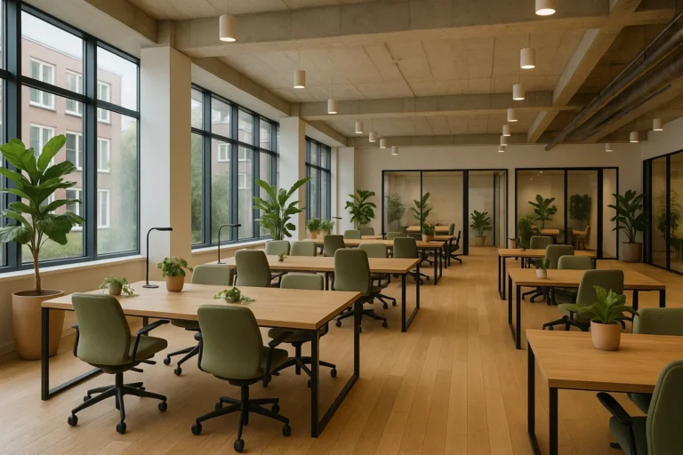 De Rol van Coworking bij het Ondersteunen van Startups in Nederland 5 | buero-gewerberaeume.de Moderne Nederlandse coworkingruimte met open indeling, groen en duurzaam meubilair, ontworpen voor startups en flexibele werkplekken.